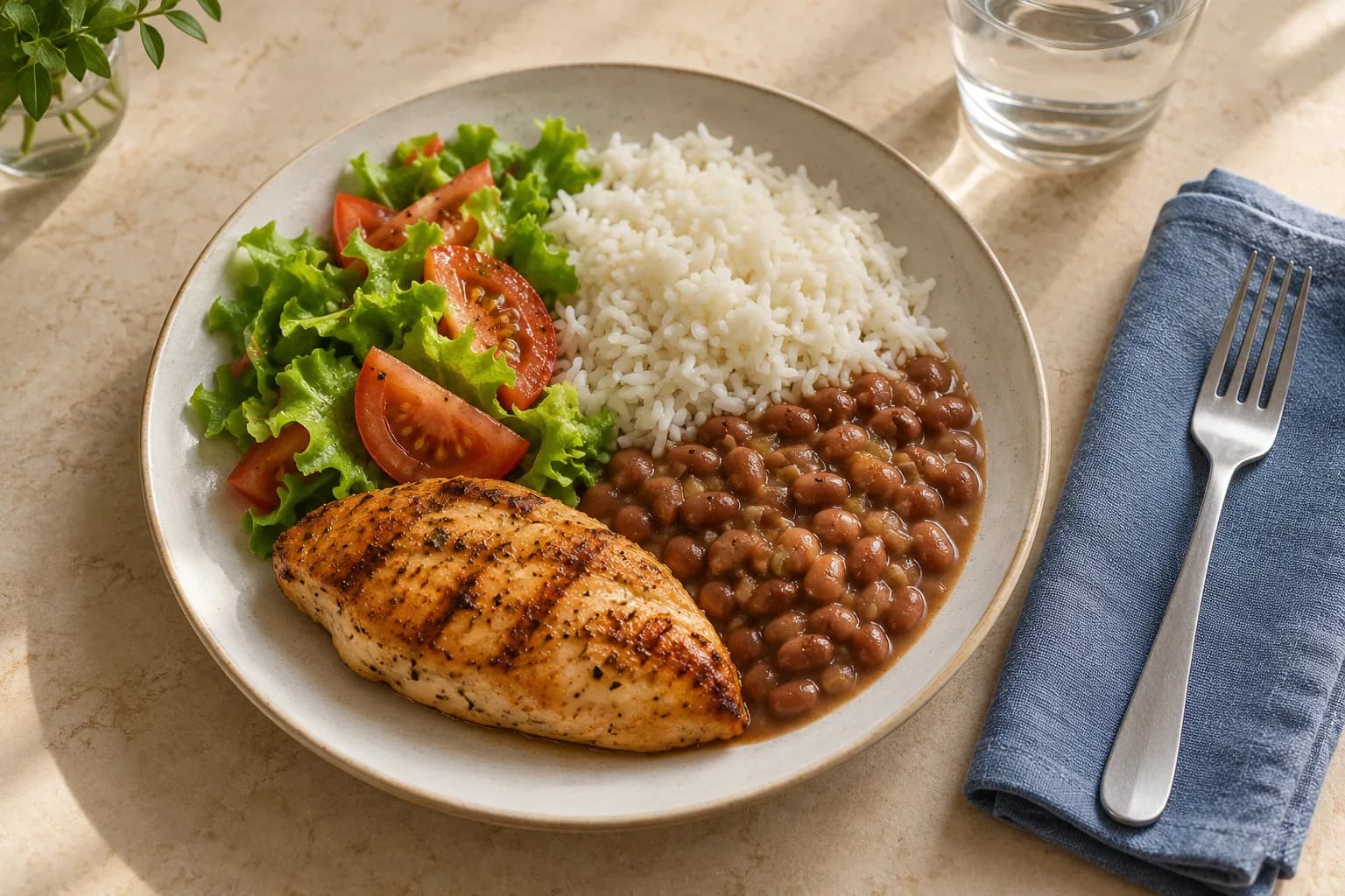 Arroz, feijão, frango grelhado e salada em um prato de cerâmica sobre uma mesa clara.