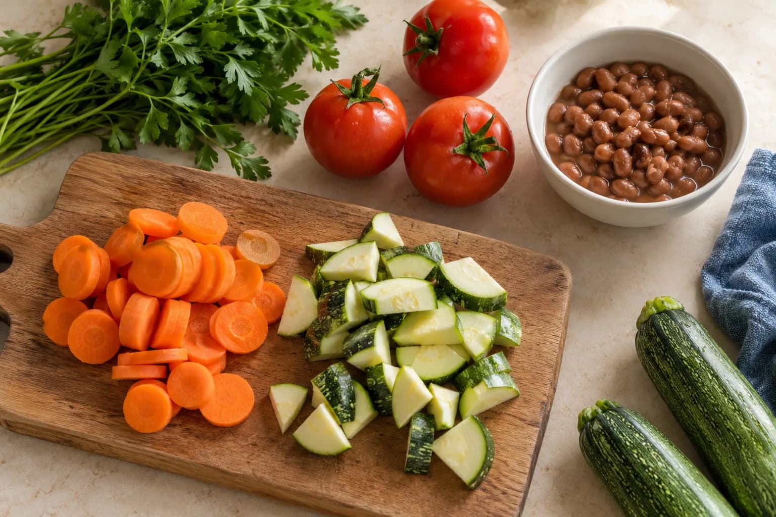 Legumes frescos e feijão separados para preparar as refeições da semana.